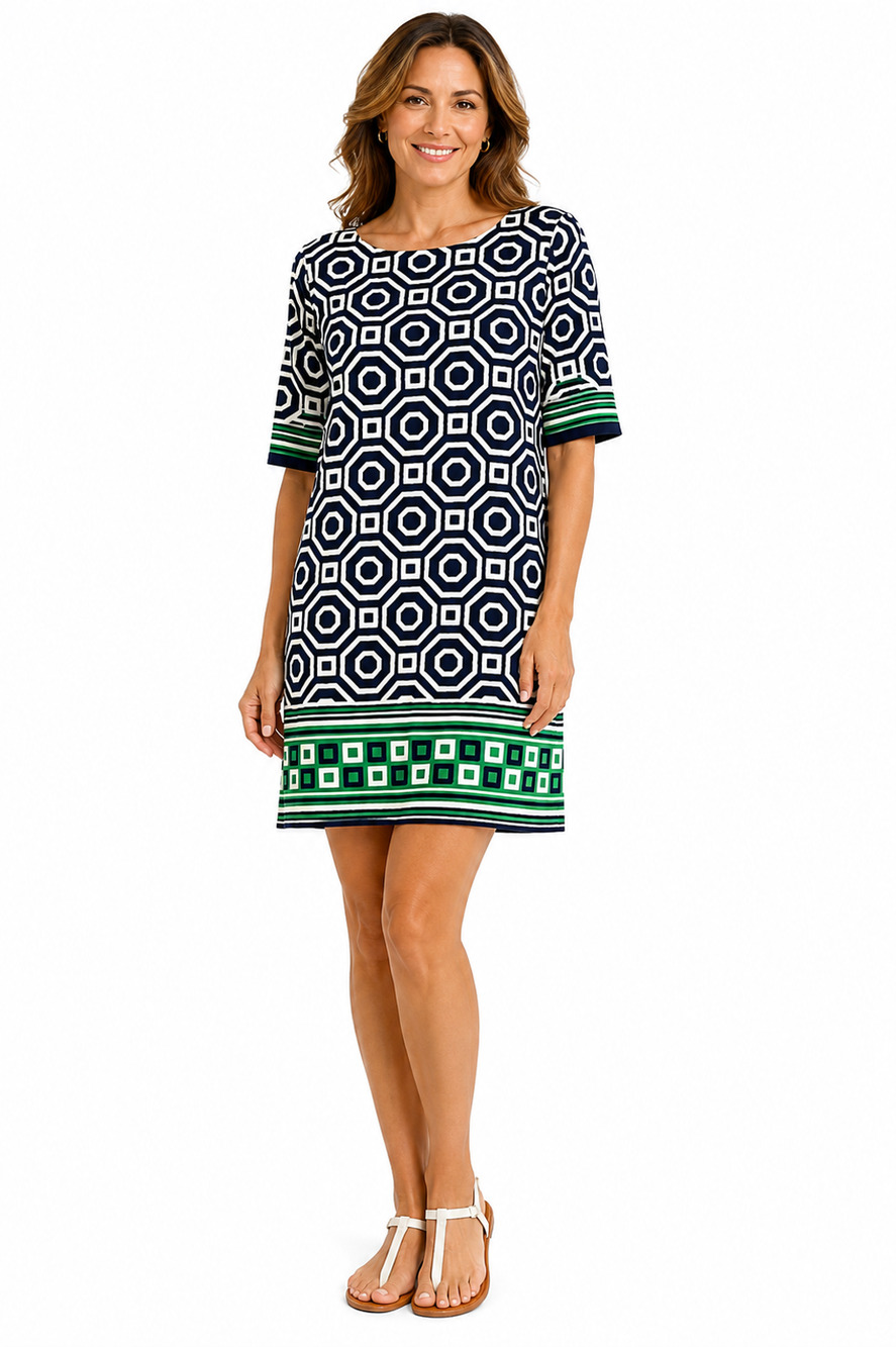 La Nouvelle Renaissance Stretch Shift Style Navy GreenJersey Knit Dress sz 10
